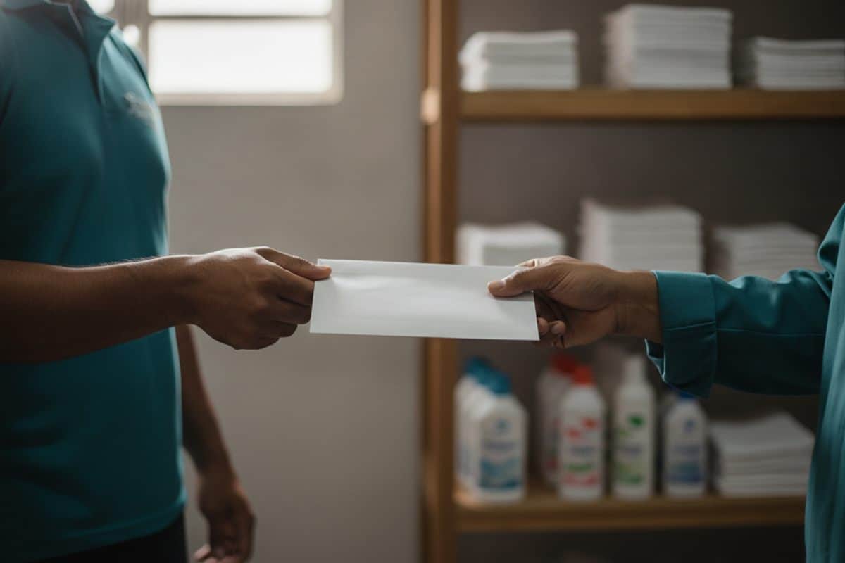 Mão de empregadora entregando um envelope branco a um funcionário uniformizado no estoque de uma empresa de limpeza