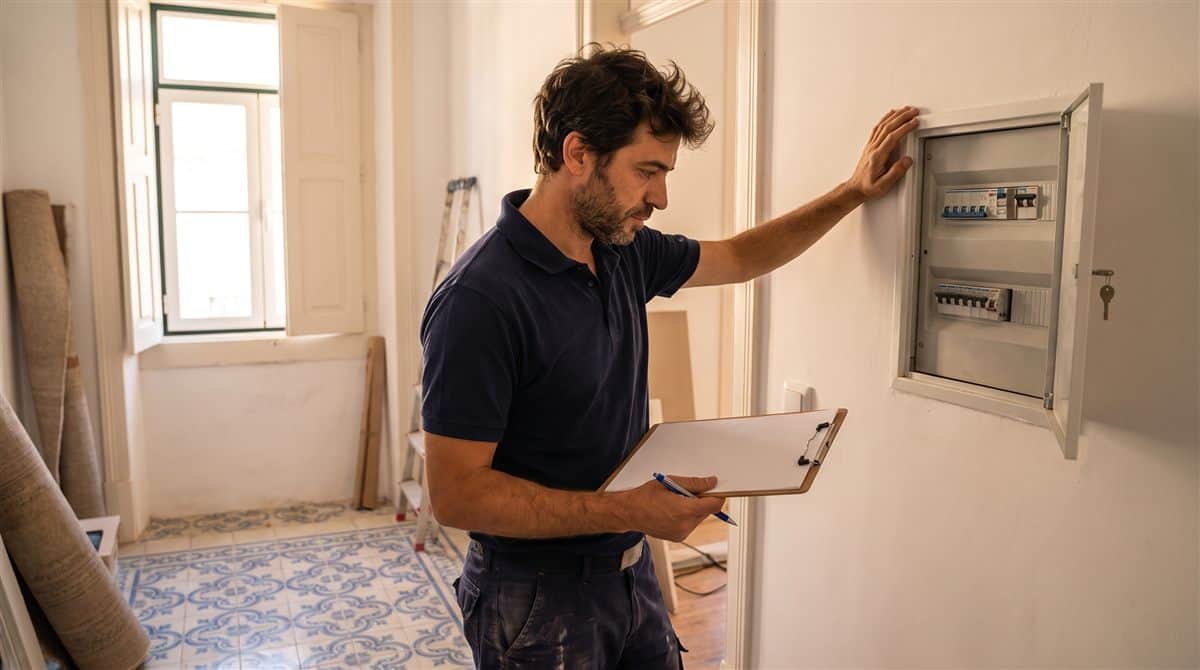 Eletricista com prancheta junto ao quadro elétrico aberto numa habitação portuguesa em obra