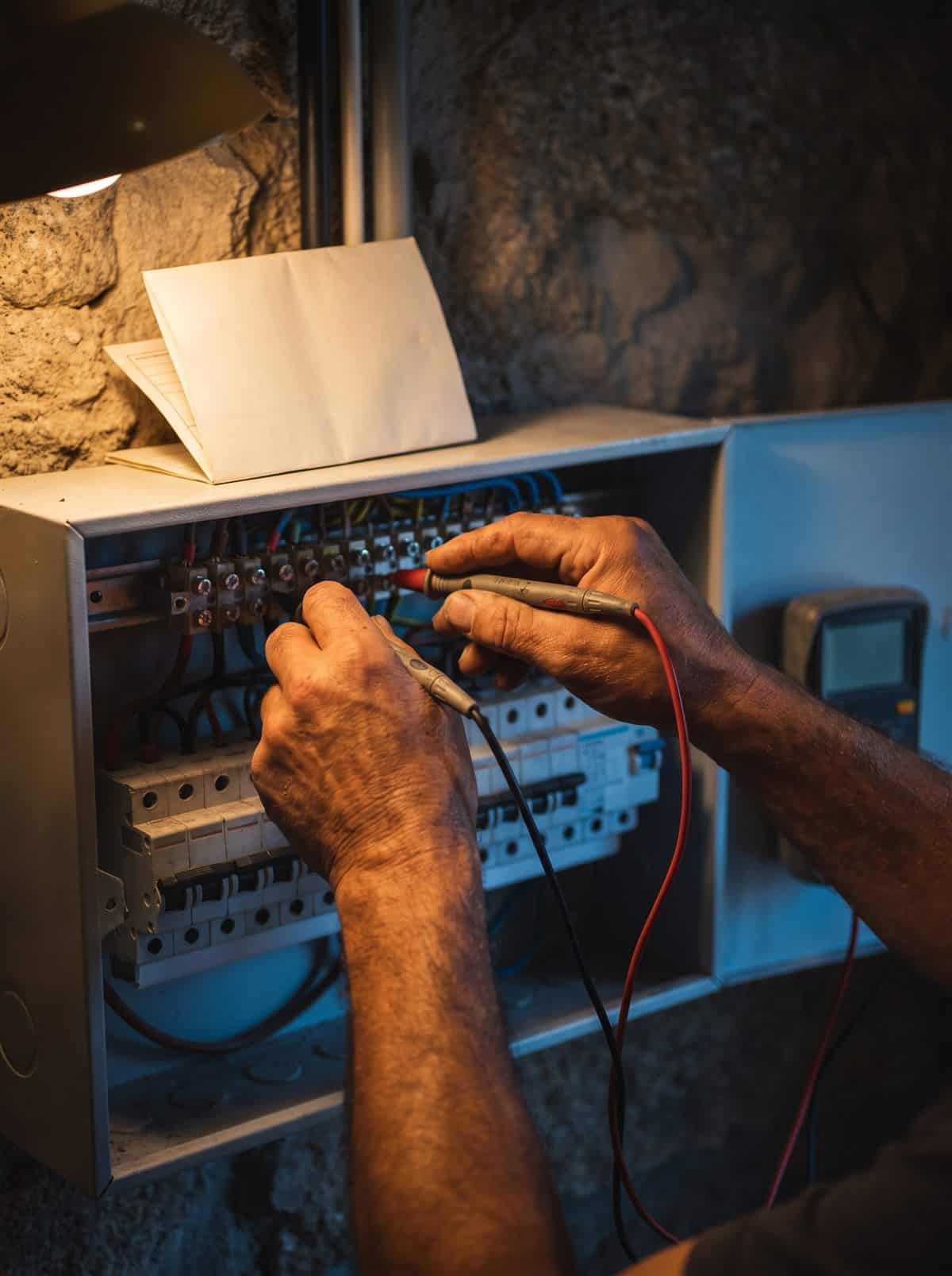 Eletricista a preencher a ficha eletrotécnica junto ao quadro elétrico de uma moradia em Portugal