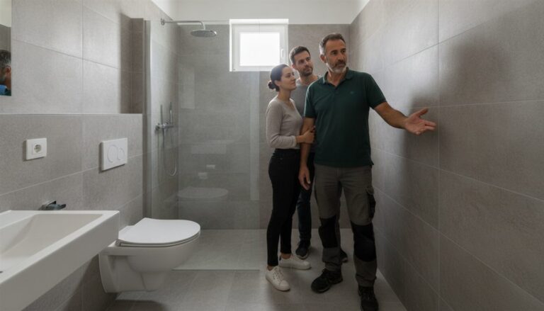 Empreiteiro a mostrar a parede de azulejo de uma casa de banho remodelada a um casal de clientes