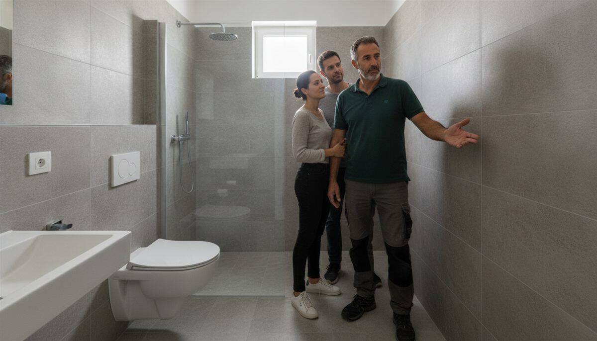Empreiteiro a mostrar a parede de azulejo de uma casa de banho remodelada a um casal de clientes