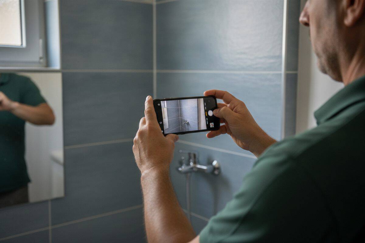 Mãos de empreiteiro a fotografar com o telemóvel o canto do duche acabado de remodelar