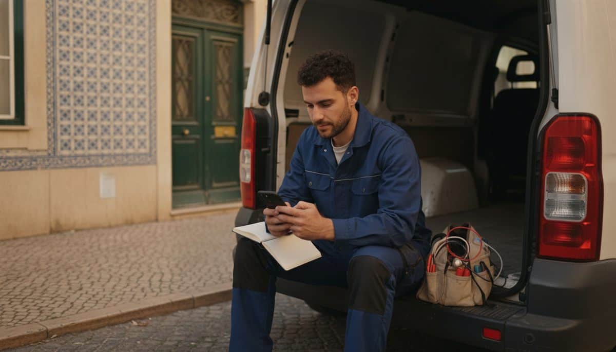 Jovem eletricista sentado na traseira da carrinha numa rua de Lisboa a consultar o telemóvel