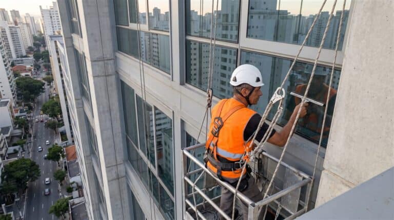 Operador em balancim suspenso com cinto de segurança limpando a fachada envidraçada de uma torre