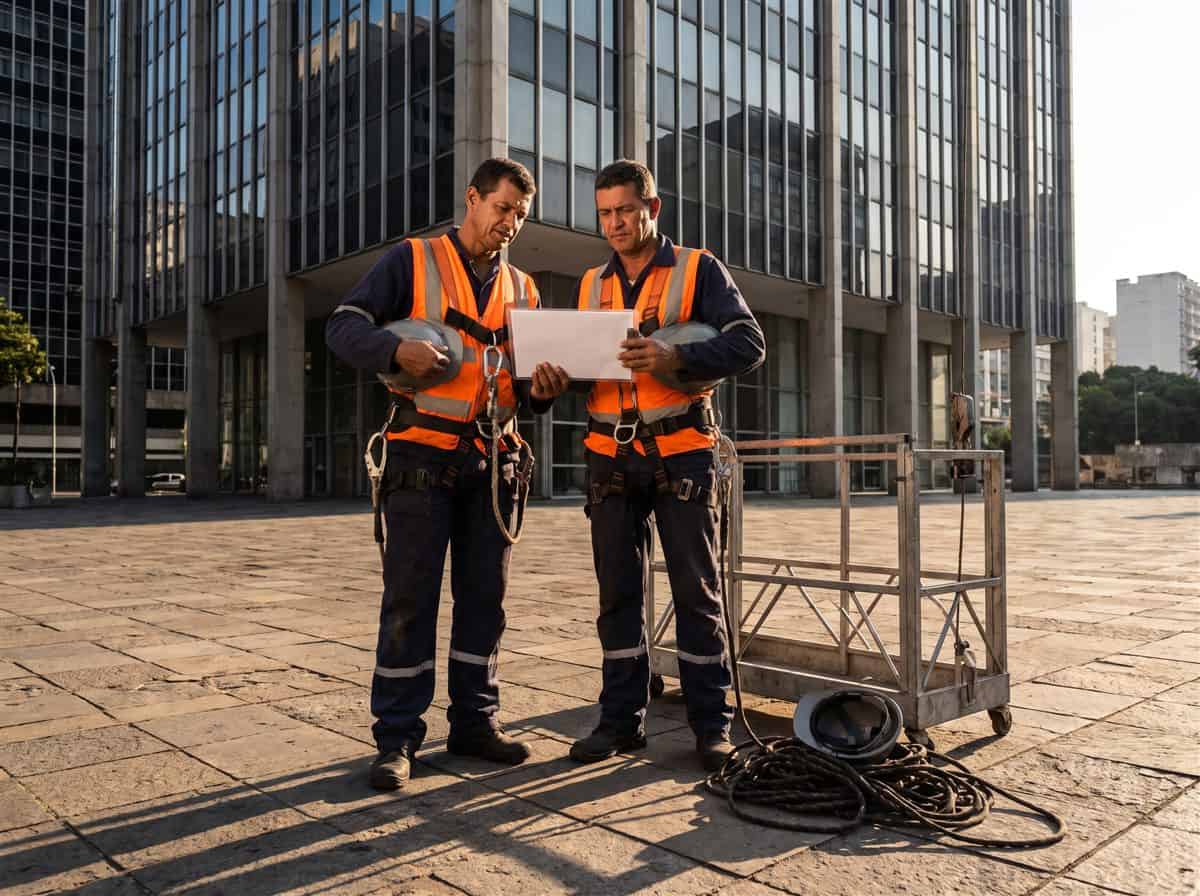 Equipe de limpeza de fachadas conferindo a permissão de trabalho antes de subir no balancim