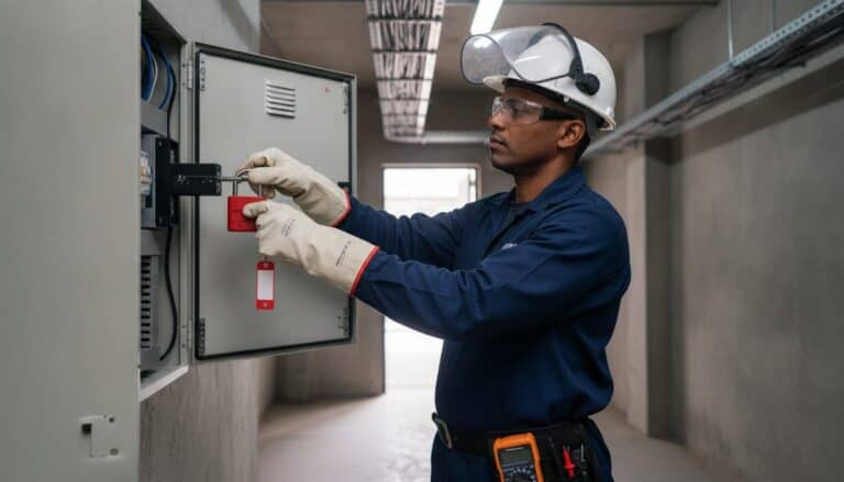 Eletricista de capacete e luvas isolantes colocando cadeado de bloqueio vermelho no quadro elétrico desligado