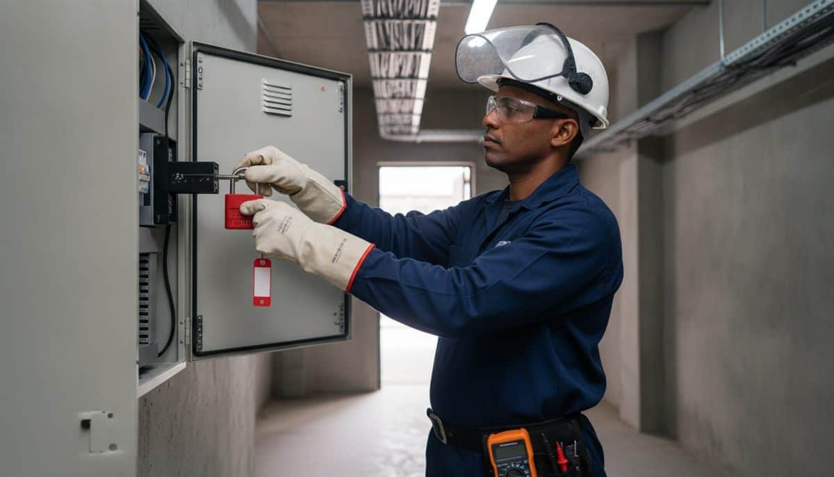 Eletricista de capacete e luvas isolantes colocando cadeado de bloqueio vermelho no quadro elétrico desligado