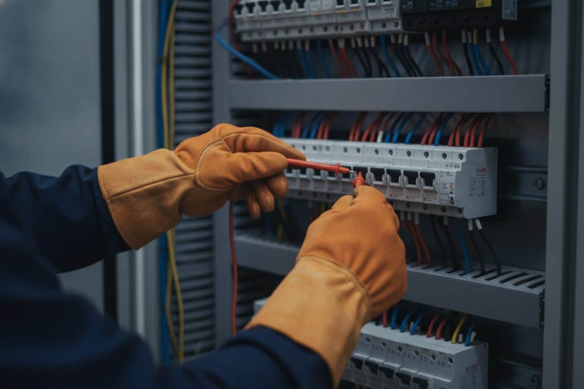 Mãos de eletricista com luvas isolantes encostando as pontas de prova em um disjuntor desligado no quadro elétrico