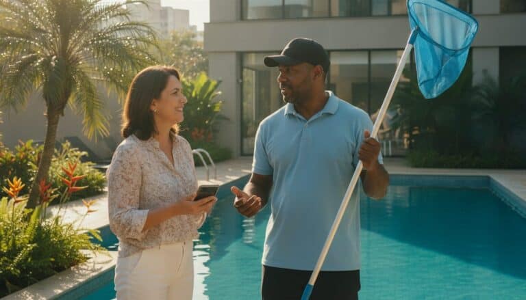 Técnico de piscina conversando com a síndica à beira da piscina de um condomínio residencial