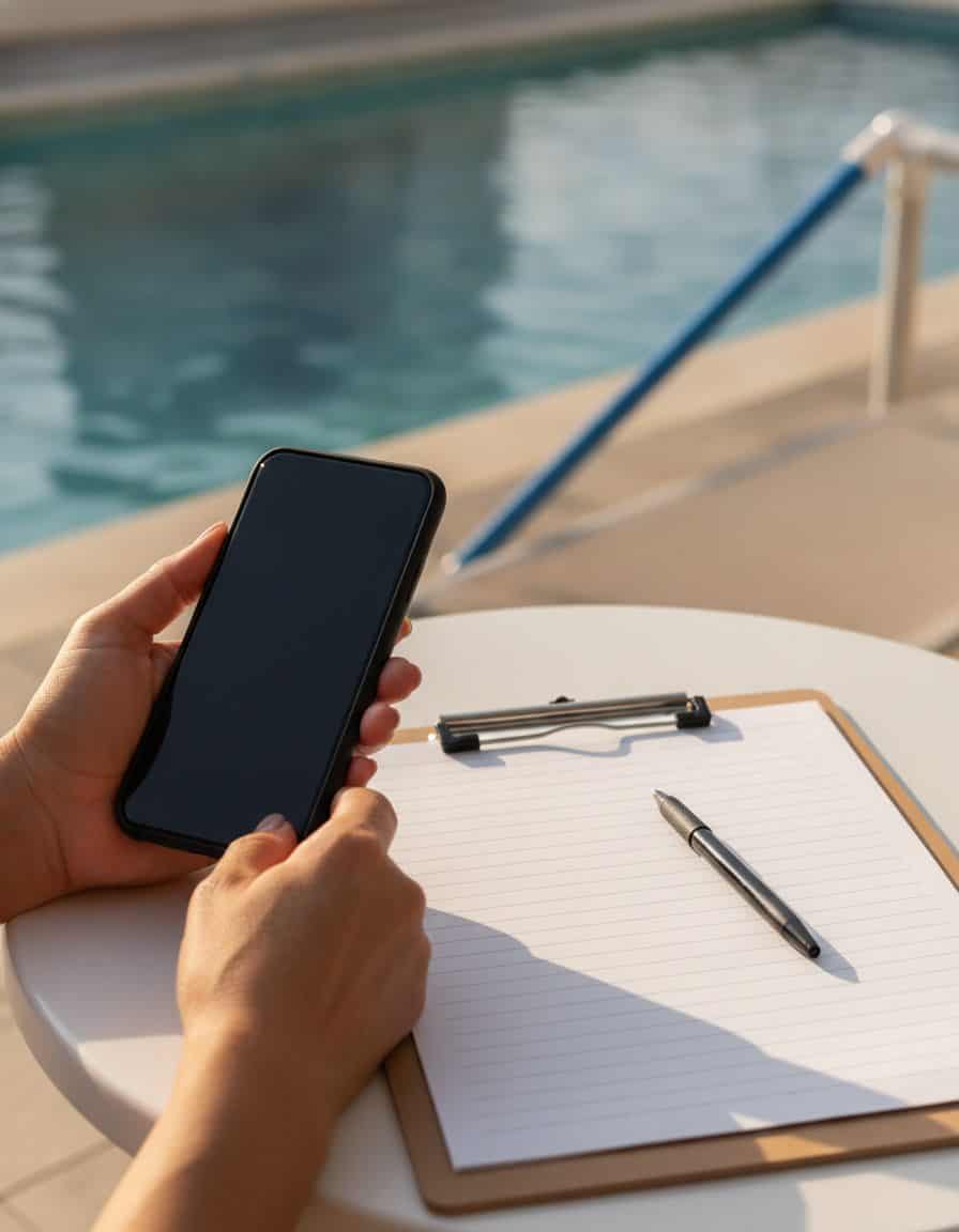Mãos de uma cliente segurando o celular ao lado de uma prancheta, à beira da piscina de um condomínio