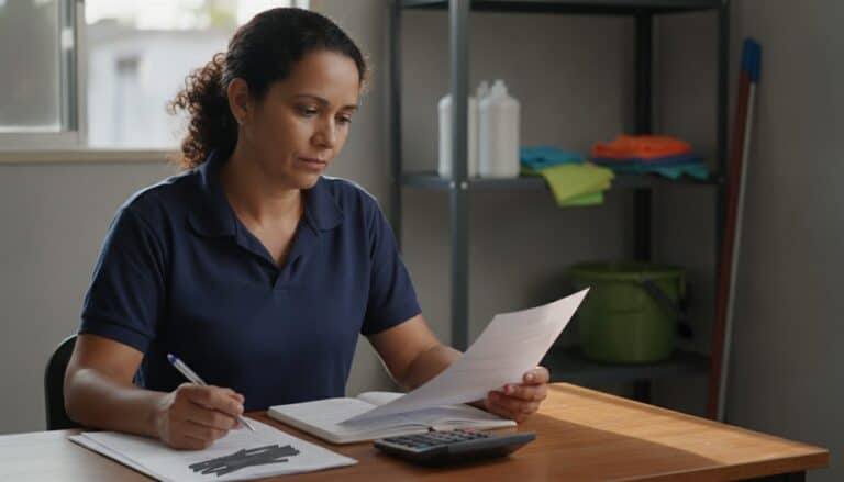 Dona de empresa de limpeza conferindo uma nota fiscal com calculadora num escritório pequeno