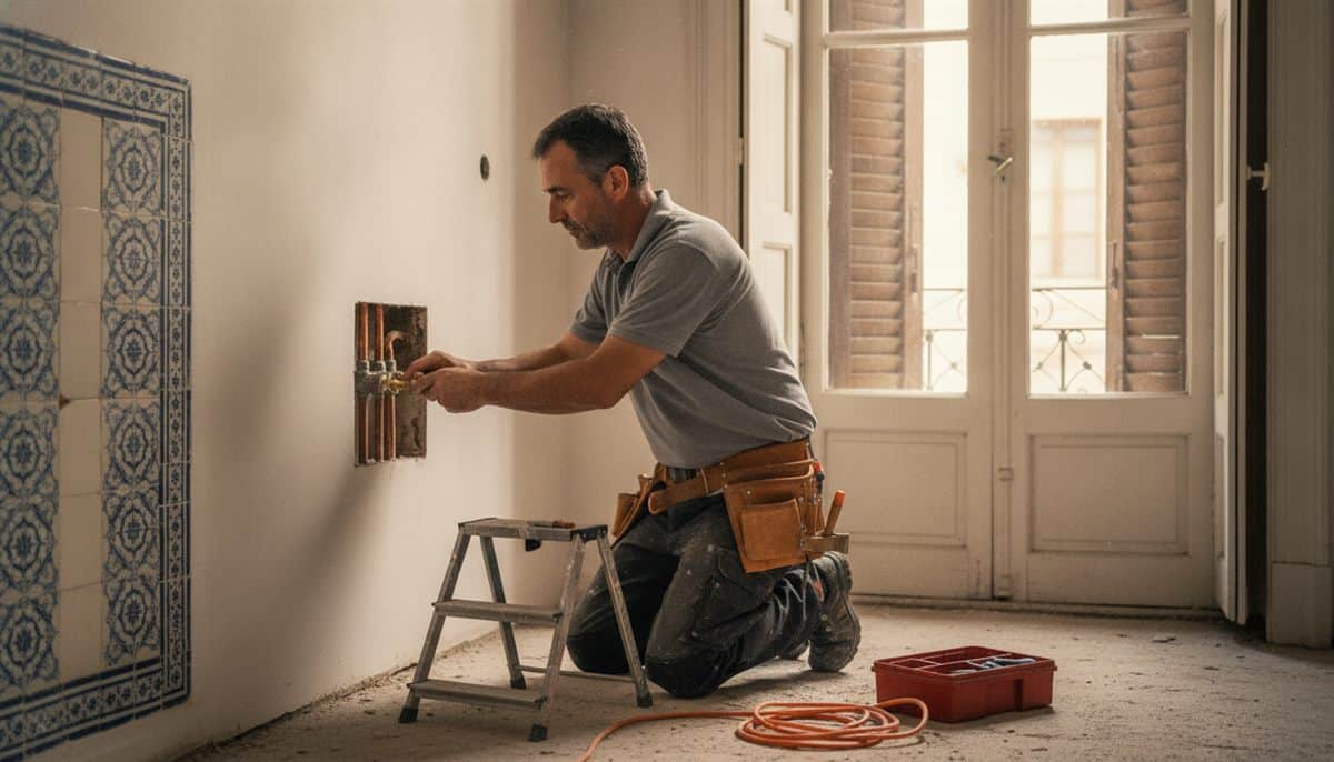 Trabalhador independente ajoelhado a apertar tubagem de cobre numa parede de apartamento antigo em remodelação