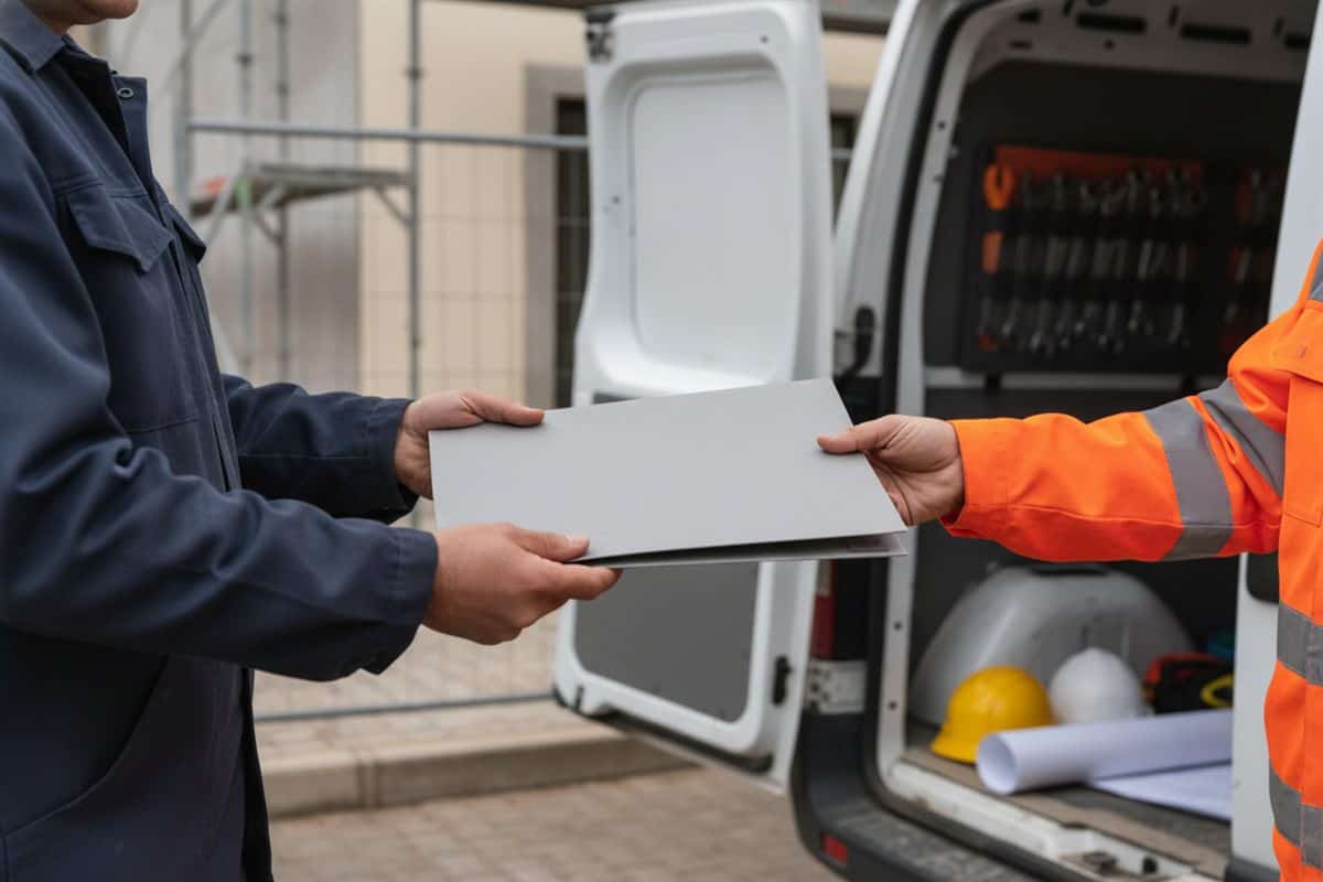 Trabalhador de fato-macaco azul a entregar uma pasta de documentos a um responsável de obra junto à carrinha
