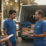 Dono de pequena empresa de mudanças conversa com dois ajudantes novos ao lado de um furgão aberto com caixas e mantas, numa rua arborizada