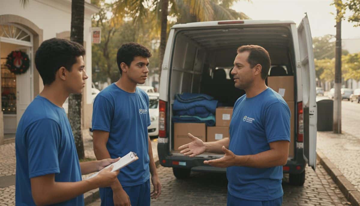 Dono de pequena empresa de mudanças conversa com dois ajudantes novos ao lado de um furgão aberto com caixas e mantas, numa rua arborizada