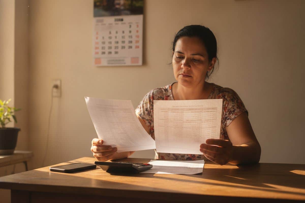 Dona de pequena empresa de limpeza compara duas folhas impressas com números, com uma calculadora e um calendário de parede atrás