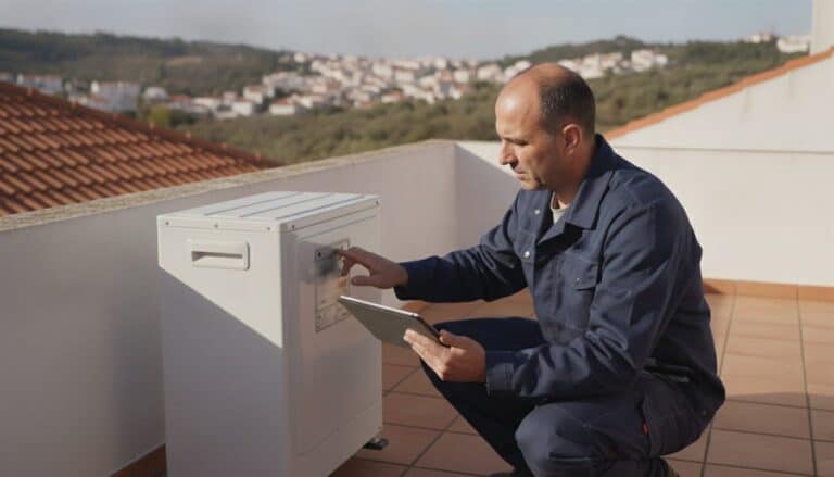 Instalador de AVAC agachado num terraço lê a chapa de características de uma bomba de calor monobloco, com um tablet na mão