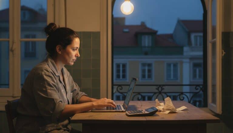 Pintora independente sentada à mesa da cozinha em Lisboa, ao anoitecer, a trabalhar no portátil com uma calculadora
