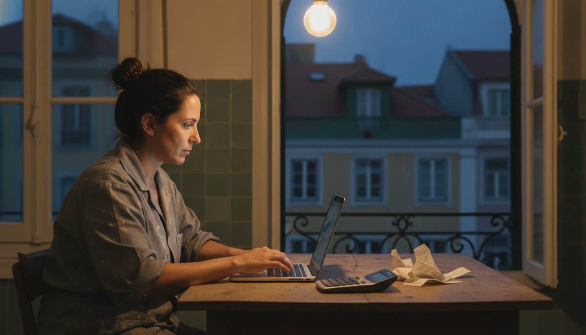 Pintora independente sentada à mesa da cozinha em Lisboa, ao anoitecer, a trabalhar no portátil com uma calculadora