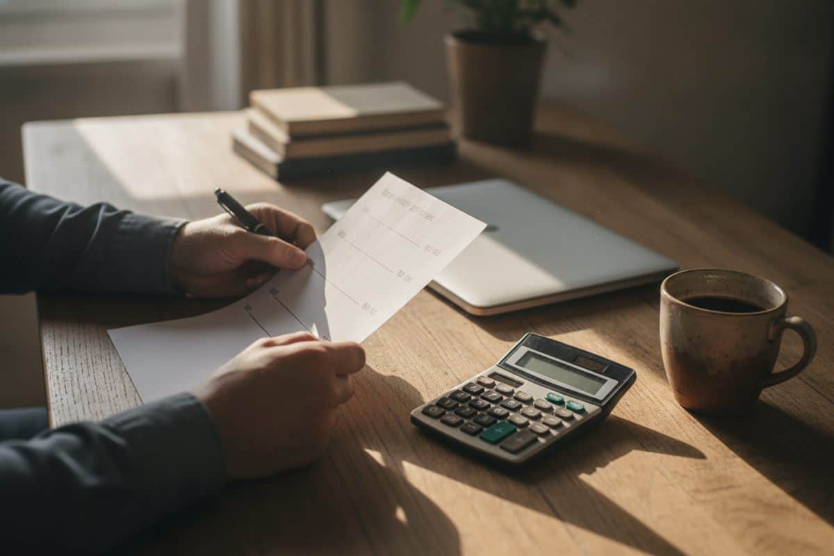 Mãos com uma caneta sobre uma folha de valores, ao lado de uma calculadora, um portátil fechado e uma caneca de café