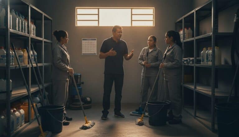 Dono de pequena empresa de limpeza conversa com três funcionárias no depósito, entre prateleiras de produtos e baldes