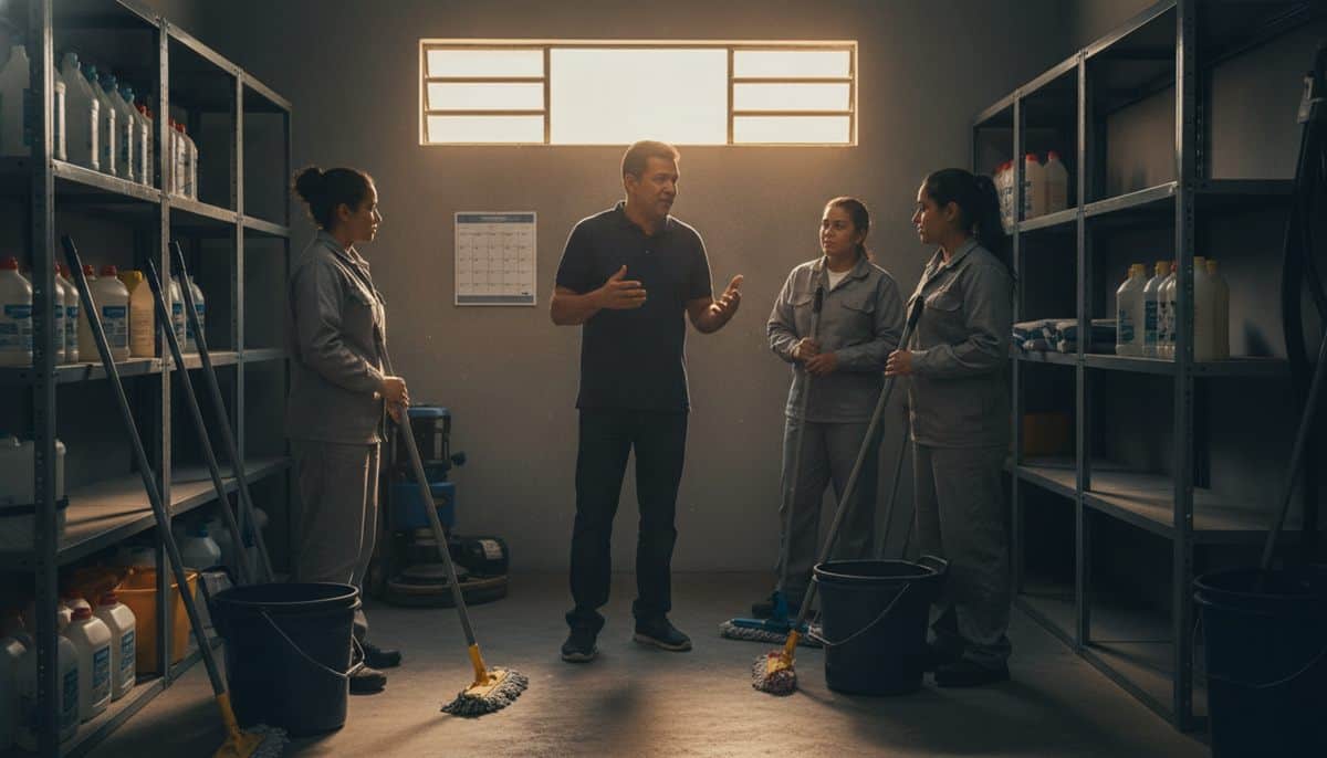 Dono de pequena empresa de limpeza conversa com três funcionárias no depósito, entre prateleiras de produtos e baldes