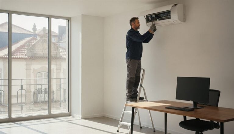 Técnico de AVAC num escadote a instalar uma unidade de ar condicionado na parede de um escritório no Porto
