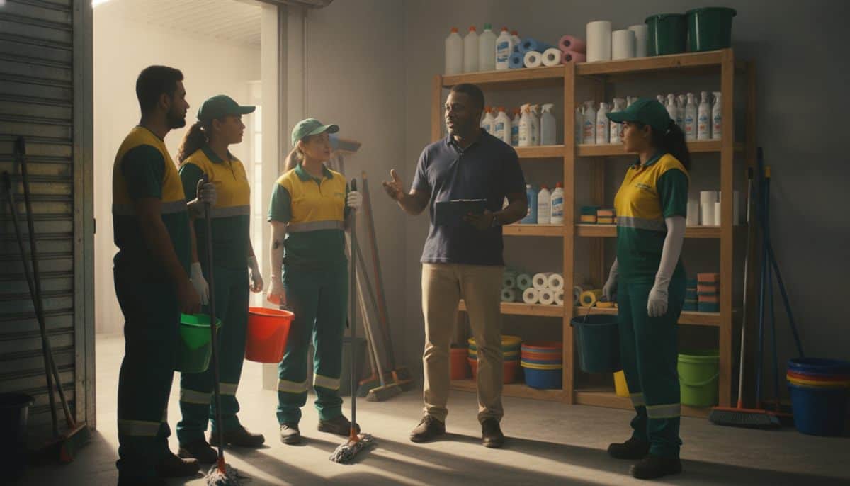 Dono de pequena empresa de limpeza com uma prancheta conversa com quatro funcionários uniformizados no depósito, antes de saírem para os serviços