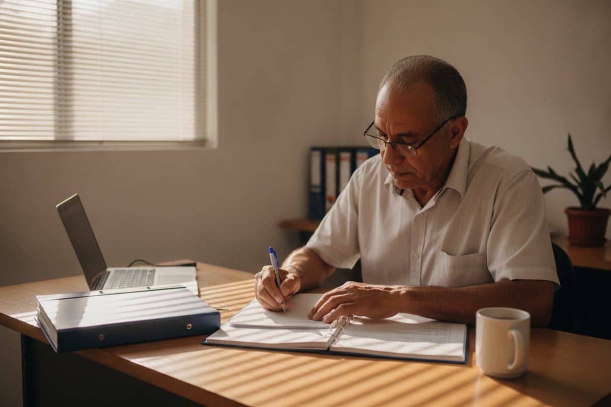 Empresário de óculos preenche formulários impressos numa pasta de argolas, ao lado de um notebook e de uma xícara de café