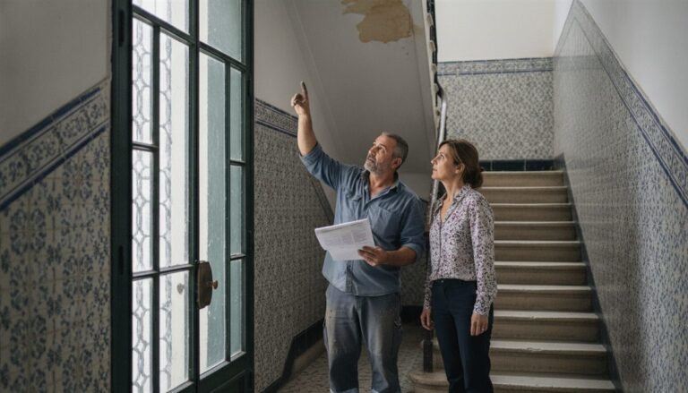 Empreiteiro de barba grisalha aponta para uma mancha de humidade no teto da entrada de um prédio antigo com azulejos, ao lado da administradora do condomínio