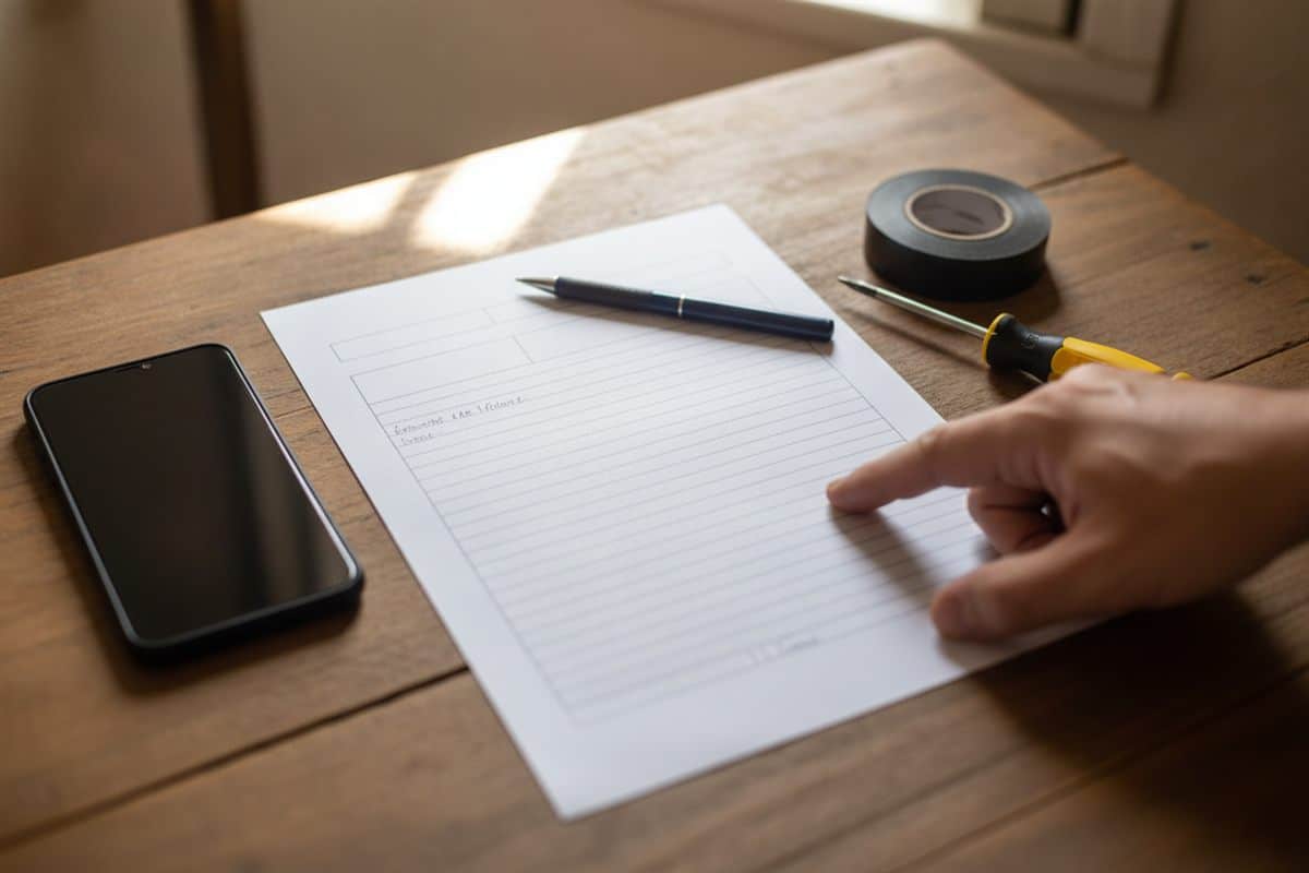 Folha de orçamento em branco sobre uma mesa de madeira, com caneta, celular, chave de fenda e fita isolante, e a mão de um eletricista apontando a linha de assinatura