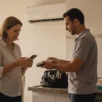 Técnico de ar-condicionado estende a maquininha de cartão para a cliente, que olha o celular na cozinha, com o split instalado na parede ao fundo
