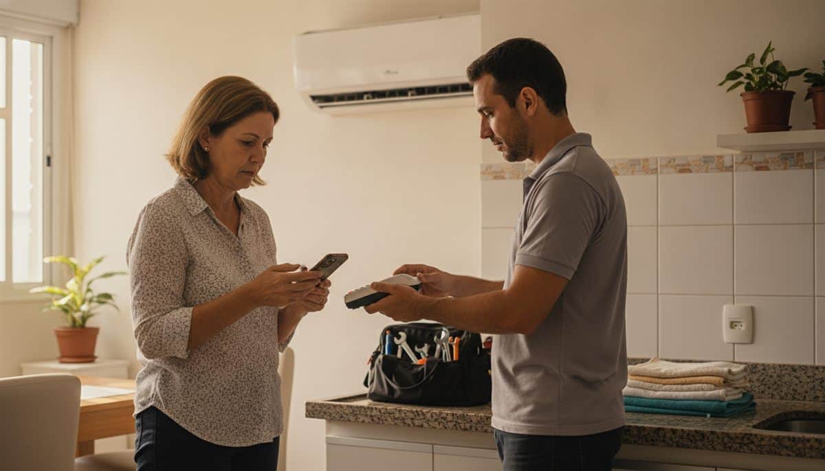 Técnico de ar-condicionado estende a maquininha de cartão para a cliente, que olha o celular na cozinha, com o split instalado na parede ao fundo